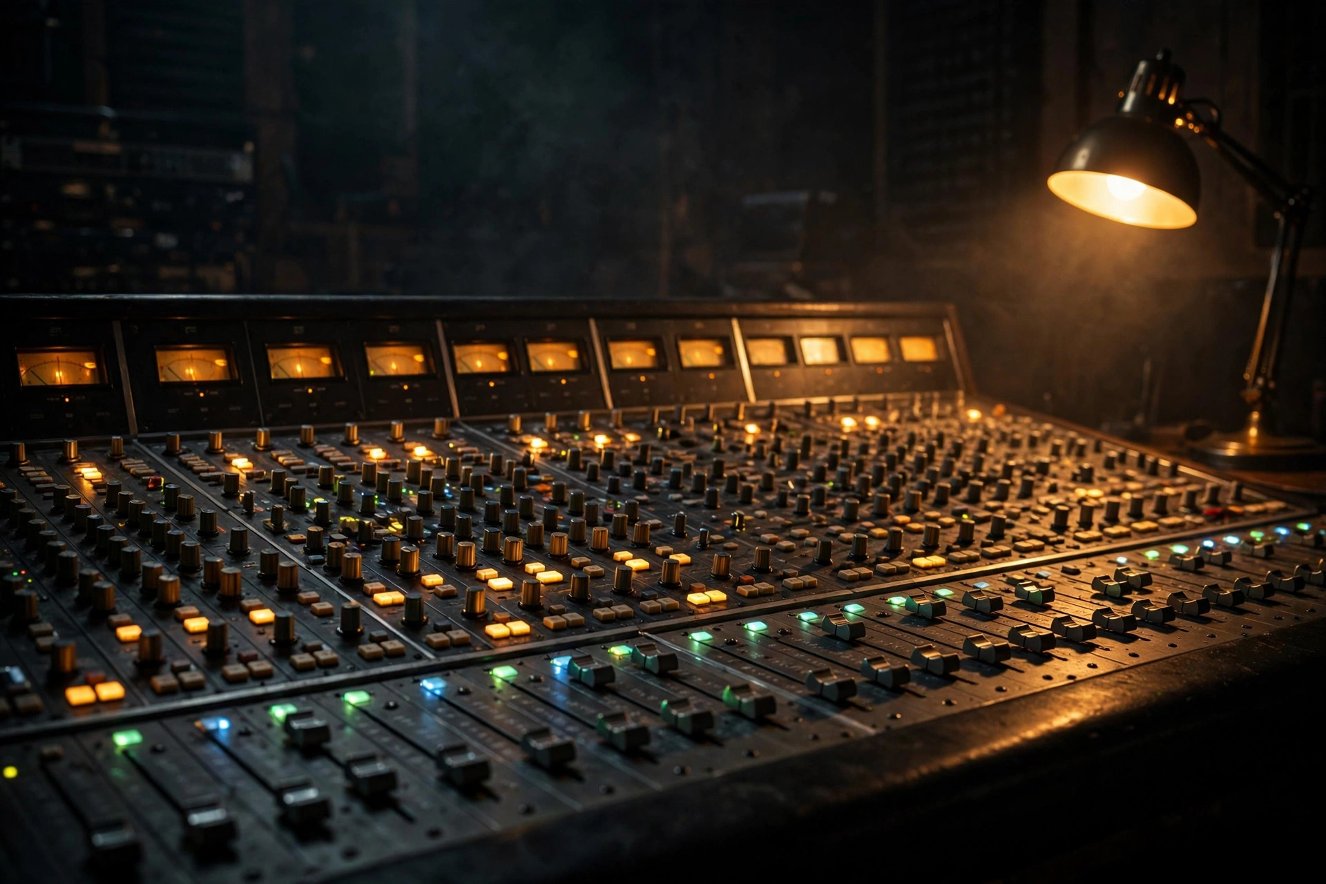 A mixing console glowing in a dark studio